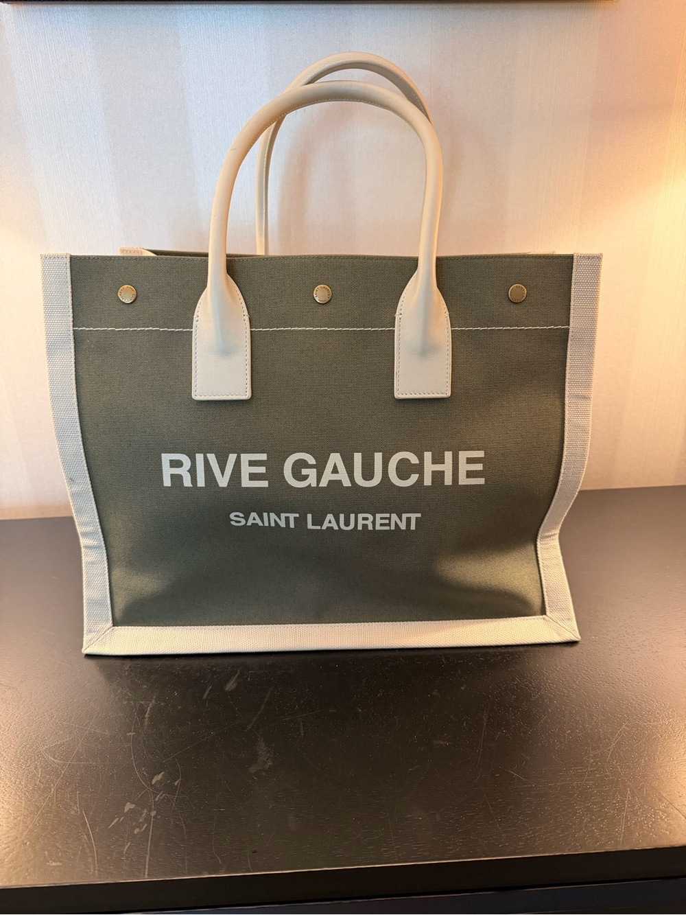 Saint Laurent Rive Gauche Olive Canvas Tote with Cream Trim